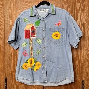 Vtg 80 Denim Embroidered Patch Women Shirt Birdhouse Sunflower Butterfly Relaxed